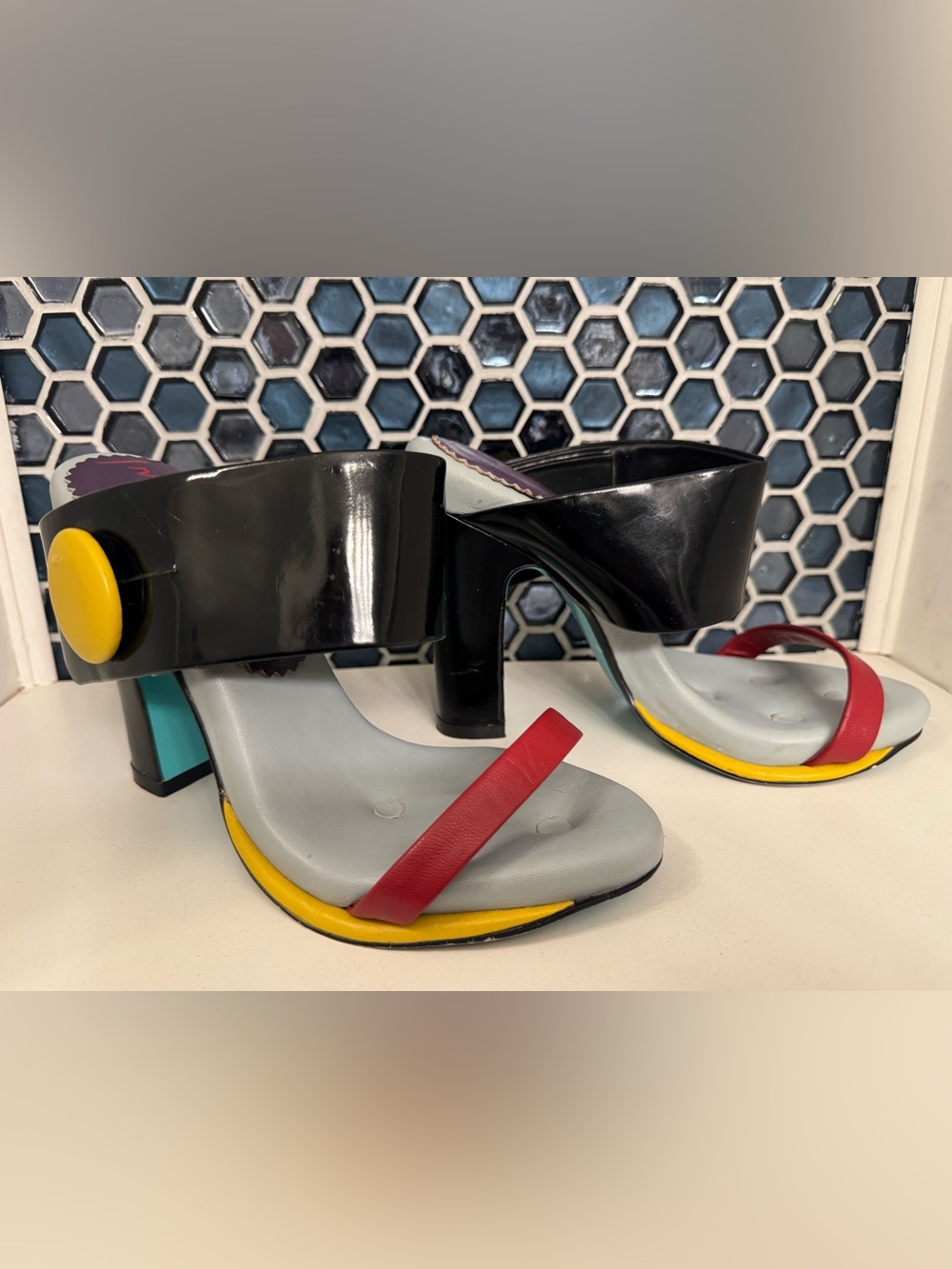 Irregular Choice Black Patent Heels with Red and Yellow Accents